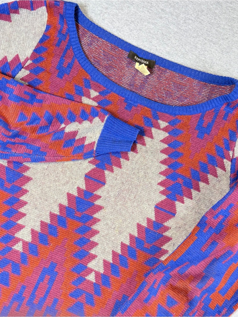 Vintage Kerisma Womens L Aztec Tunic Sweater Blue Maroon Gray Trendy Gorpcore